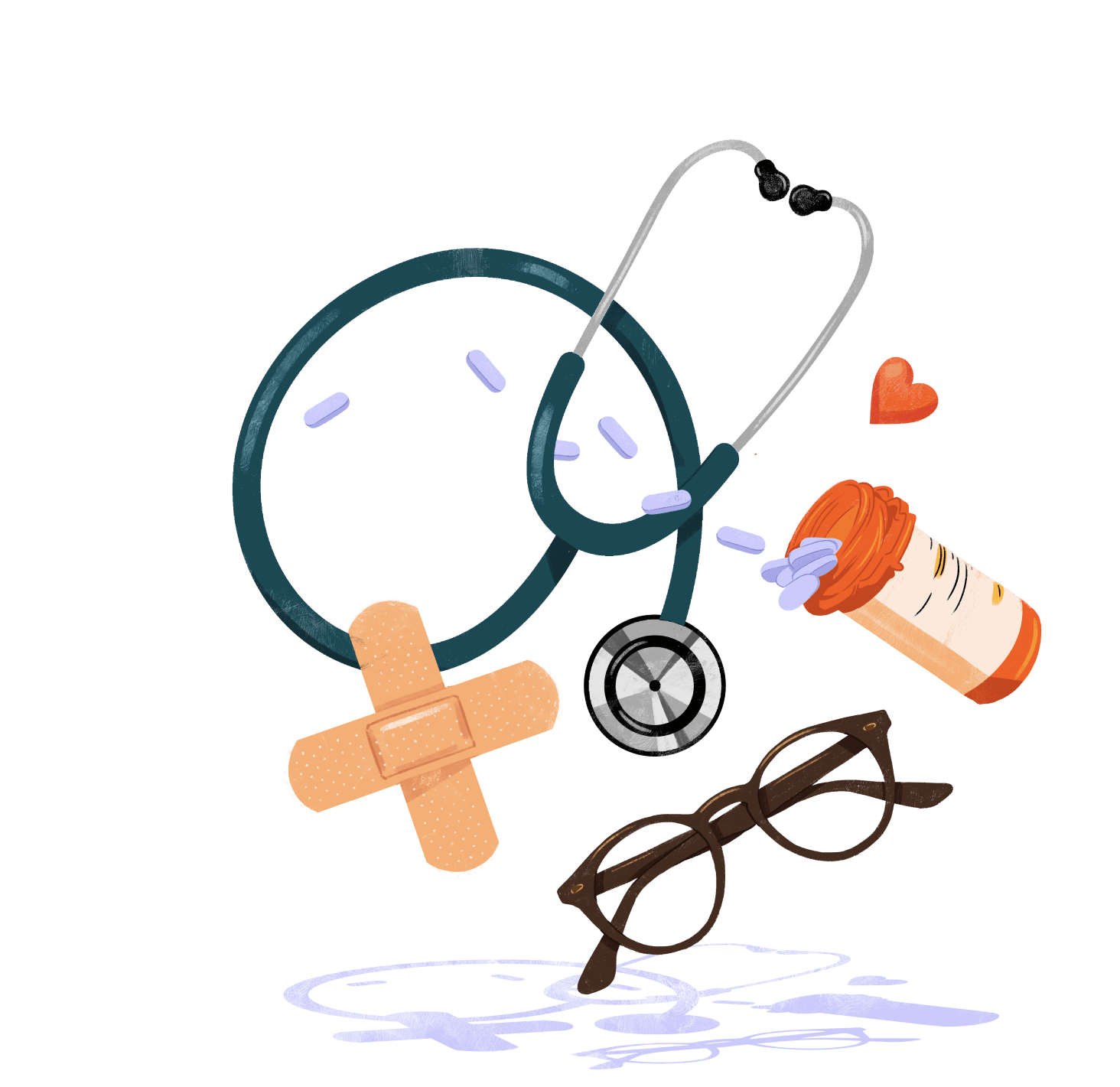 illustration of a stethoscope, band-aides, eyeglasses, and an open pill bottle