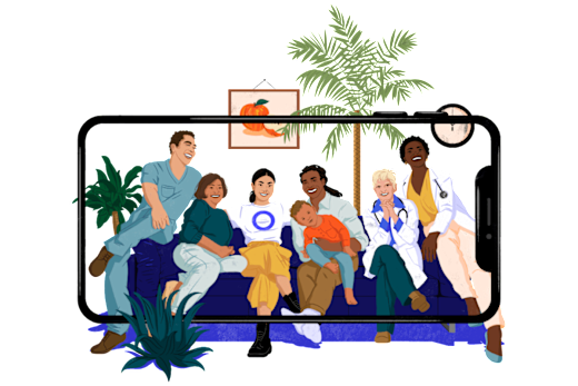 Illustration of a family & medical professionals sitting on a couch together and smiling