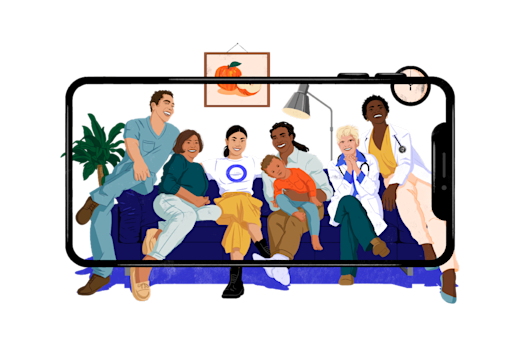 Illustration of a family & medical professionals sitting on a couch together and smiling