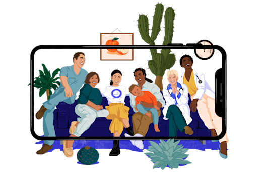 Illustration of a family & medical professionals sitting on a couch together and smiling