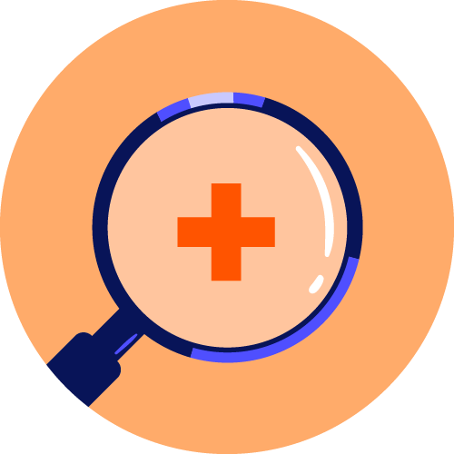 Magnifying glass looking at a red cross