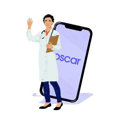 Physician standing in front of smartphone with Oscar logo