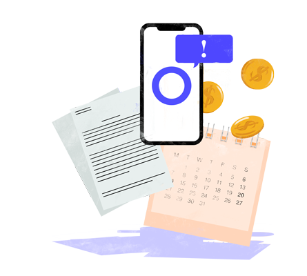 Phone with a notification, calendar, forms and floating coins